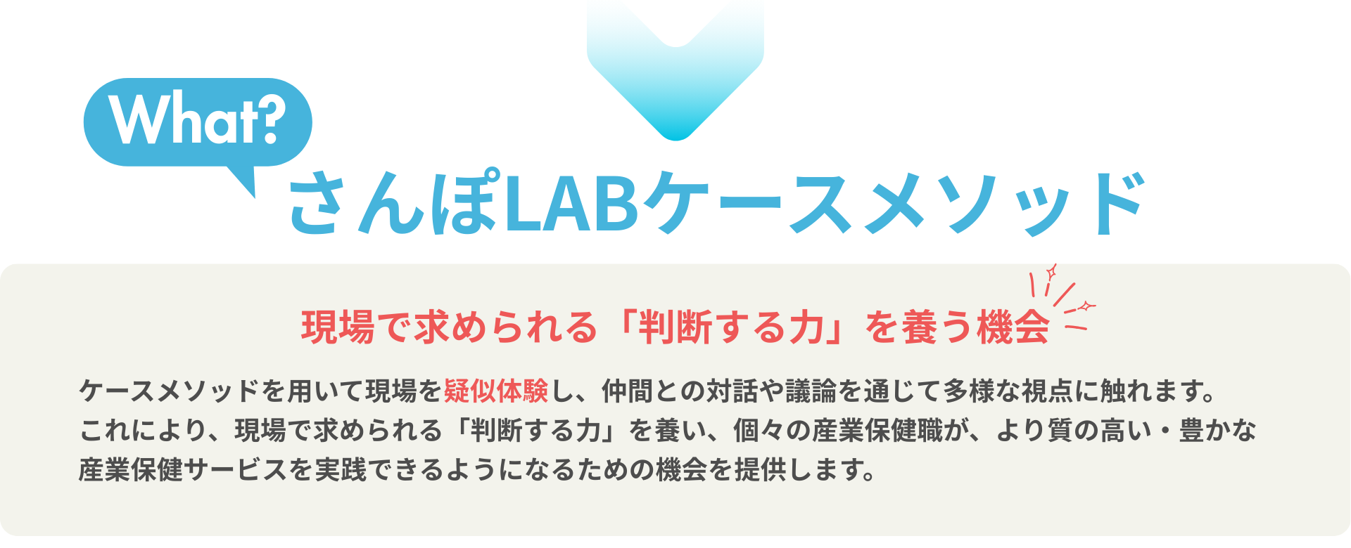 さんぽLABケースメソッドとは：現場で求められる「判断する力」を養う機会　ケースメソッドを用いて現場を疑似体験し、仲間との対話や議論を通じて多様な視点に触れます。 これにより、現場で求められる「判断する力」を養い、個々の産業保健職が、より質の高い・豊かな産業保健サービスを実践できるようになるための機会を提供します。ケースメソッドを用いて現場を疑似体験し、仲間との対話や議論を通じて多様な視点に触れます。 これにより、現場で求められる「判断する力」を養い、個々の産業保健職が、より質の高い・豊かな産業保健サービスを実践できるようになるための機会を提供します。