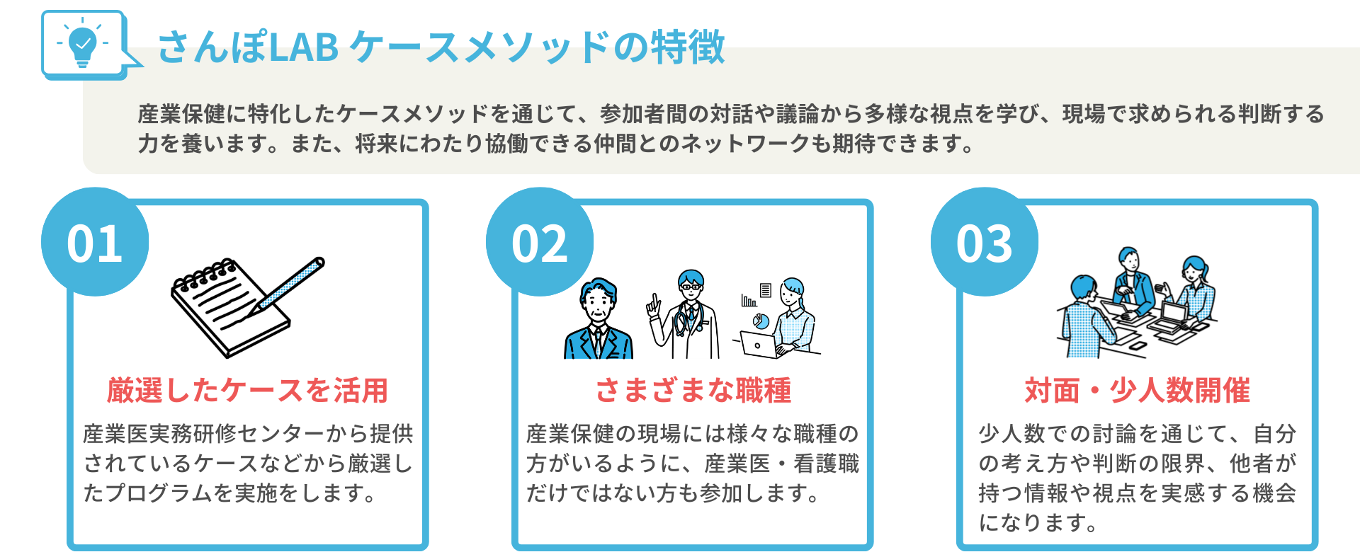 さんぽLAB ケースメソッドの特徴：産業保健に特化したケースメソッドを通じて、参加者間の対話や議論から多様な視点を学び、現場で求められる判断する力を養います。また、将来にわたり協働できる仲間とのネットワークも期待できます。　厳選したケースを活用：産業医実務研修センターから提供されているケースなどから厳選したプログラムを実施をします。　さまざまな職種：産業保健の現場には様々な職種の方がいるように、産業医・看護職だけではない方も参加します。　対面・少人数開催：少人数での討論を通じて、自分の考え方や判断の限界、他者が持つ情報や視点を実感する機会になります。