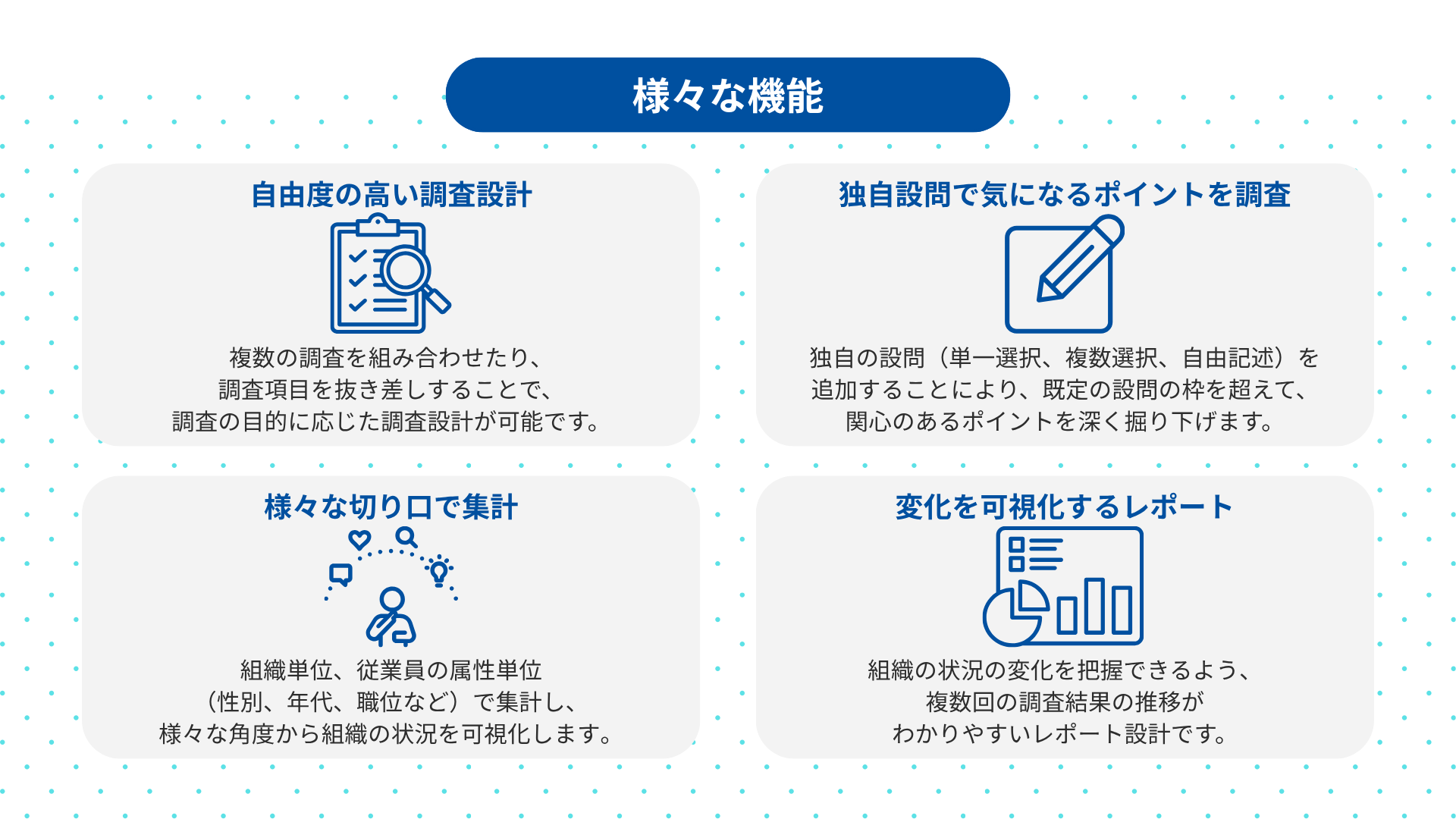様々な機能 ・自由度の高い調査設計：複数の調査を組み合わせたり、調査項目を抜き差しすることで、調査の目的に応じた調査設計が可能です。 ・独自設問で気になるポイントを調査：独自の設問（単一選択、複数選択、自由記述）を追加することにより、既定の設問の枠を超えて、関心のあるポイントを深く掘り下げます。 ・様々な切り口で集計：組織単位、従業員の属性単位（性別、年代、職位など）で集計し、様々な角度から組織の状況を可視化します。 ・変化を可視化するレポート：組織の状況の変化を把握できるよう、複数回の調査結果の推移がわかりやすいレポート設計です。