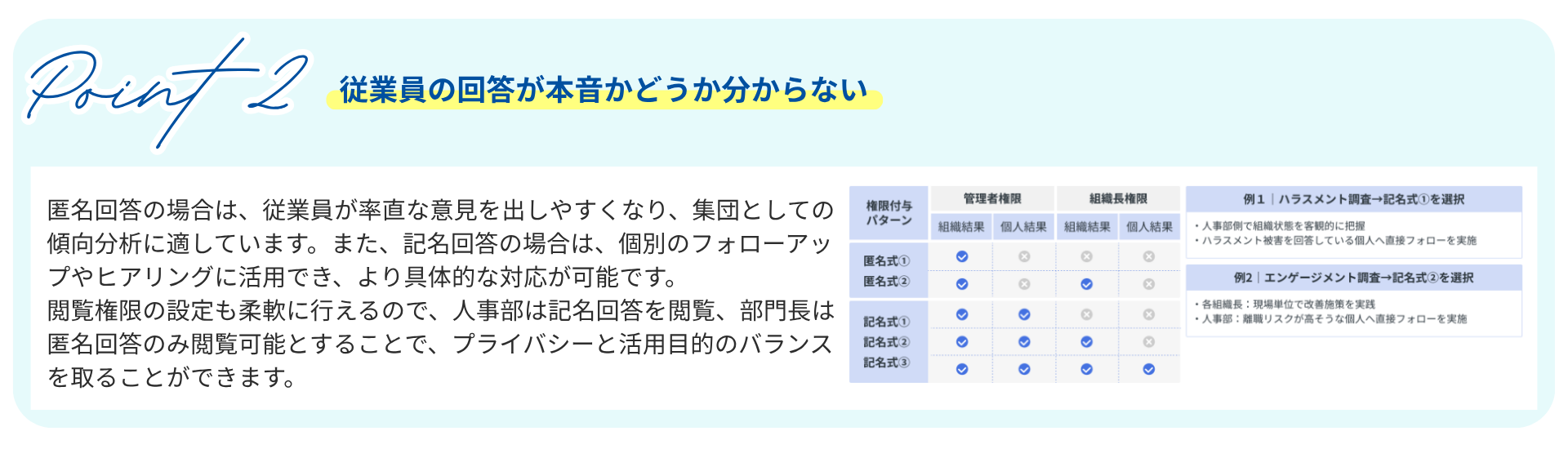 Point2　従業員の回答が本音かどうか分からない サーベイ内容に応じて匿名 / 記名の回答形式を選択できる 匿名回答の場合は、従業員が率直な意見を出しやすくなり、集団としての傾向分析に適しています。 記名回答の場合は、個別のフォローアップやヒアリングに活用でき、より具体的な対応が可能です。 閲覧権限の設定も柔軟に行えるので、人事部は記名回答を閲覧、部門長は匿名回答のみ閲覧可能とすることで、プライバシーと活用目的のバランスを取ることができます。
