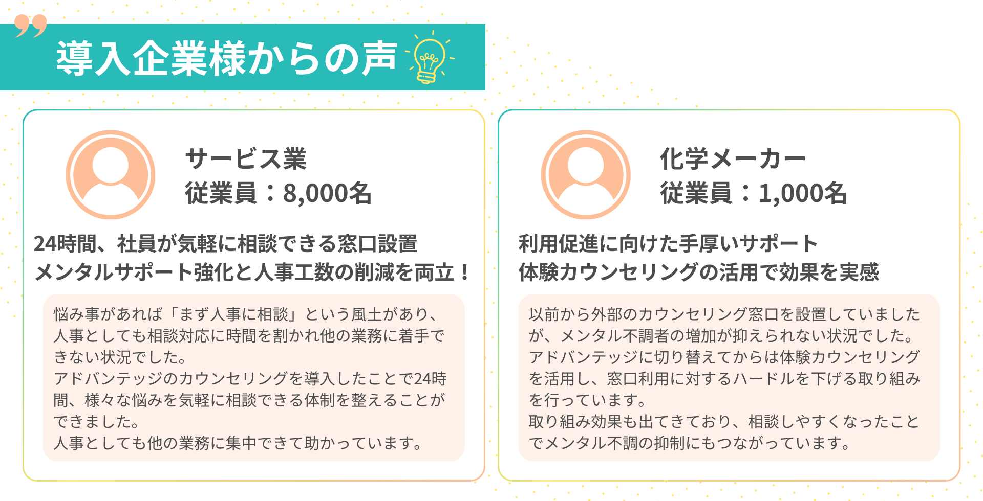 導入事例　サービス業 従業員：8,000名 24時間、社員が気軽に相談できる窓口設置 メンタルサポート強化と人事工数の削減を両立！ 悩み事があれば「まず人事に相談」という風土があり、人事としても相談対応に時間を割かれ他の業務に着手できない状況でした。 アドバンテッジのカウンセリングを導入したことで24時間、様々な悩みを気軽に相談できる体制を整えることができました。 人事としても他の業務に集中できて助かっています。  化学メーカー 従業員：1,000名 利用促進に向けた手厚いサポート 体験カウンセリングの活用で効果を実感 以前から外部のカウンセリング窓口を設置していましたが、メンタル不調者の増加が抑えられない状況でした。アドバンテッジに切り替えてからは体験カウンセリングを活用し、窓口利用に対するハードルを下げる取り組みを行っています。 取り組み効果も出てきており、相談しやすくなったことでメンタル不調の抑制にもつながっています。