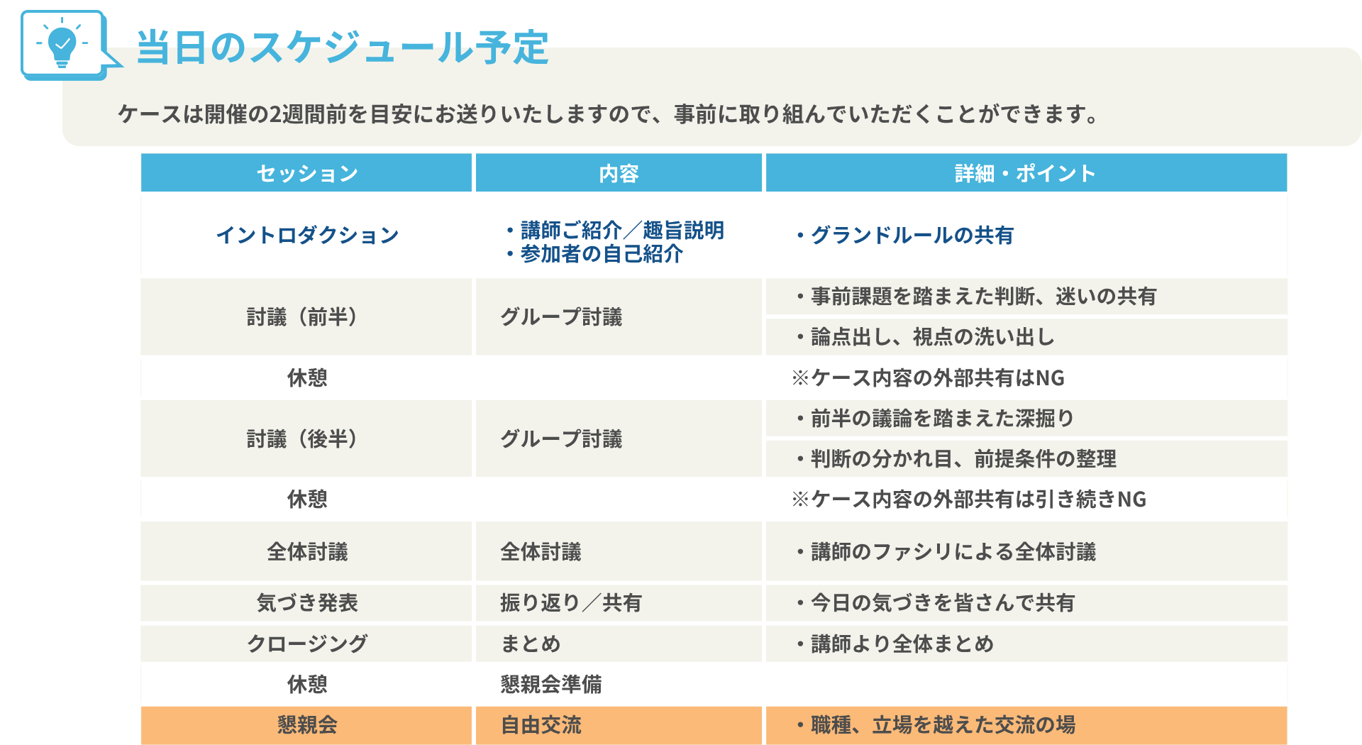 当日のスケジュール予定ケースは開催の2週間前を目安にお送りいたしますので、事前に取り組んでいただくことができます。セッション	内容	詳細・ポイント イントロダクション	"　・講師ご紹介／趣旨説明 　・参加者の自己紹介  "	　・グランドルールの共有 討議（前半）	　グループ討議	　・事前課題を踏まえた判断、迷いの共有 		　・論点出し、視点の洗い出し 休憩		　※ケース内容の外部共有はNG 討議（後半）	　グループ討議	　・前半の議論を踏まえた深掘り 		　・判断の分かれ目、前提条件の整理 休憩		　※ケース内容の外部共有は引き続きNG 全体討議	　全体討議	　・講師のファシリによる全体討議 気づき発表	　振り返り／共有	　・今日の気づきを皆さんで共有 クロージング	　まとめ	　・講師より全体まとめ 休憩	　懇親会準備	 懇親会	　自由交流	　・職種、立場を越えた交流の場