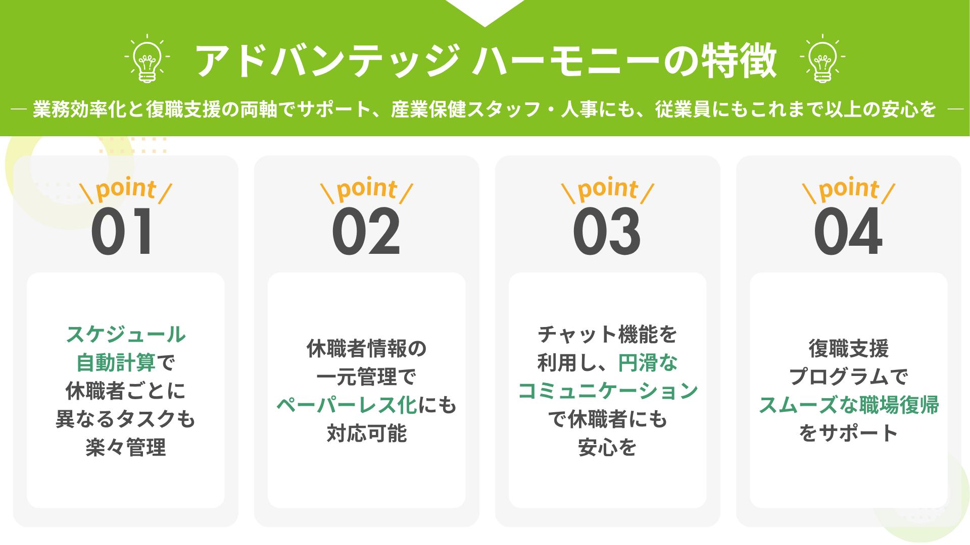 	 • アドバンテッジ ハーモニーの特徴 		○  ― 業務効率化と復職支援の両軸でサポート、産業保健スタッフ・人事にも、従業員にもこれまで以上の安心を ― 		スケジュール自動計算で休職者ごとに異なるタスクも楽々管理 		休職者情報の一元管理でペーパーレス化にも対応可能 		チャット機能を利用し、円滑なコミュニケーションで休職者にも安心を復職支援 		プログラムでスムーズな職場復帰をサポート