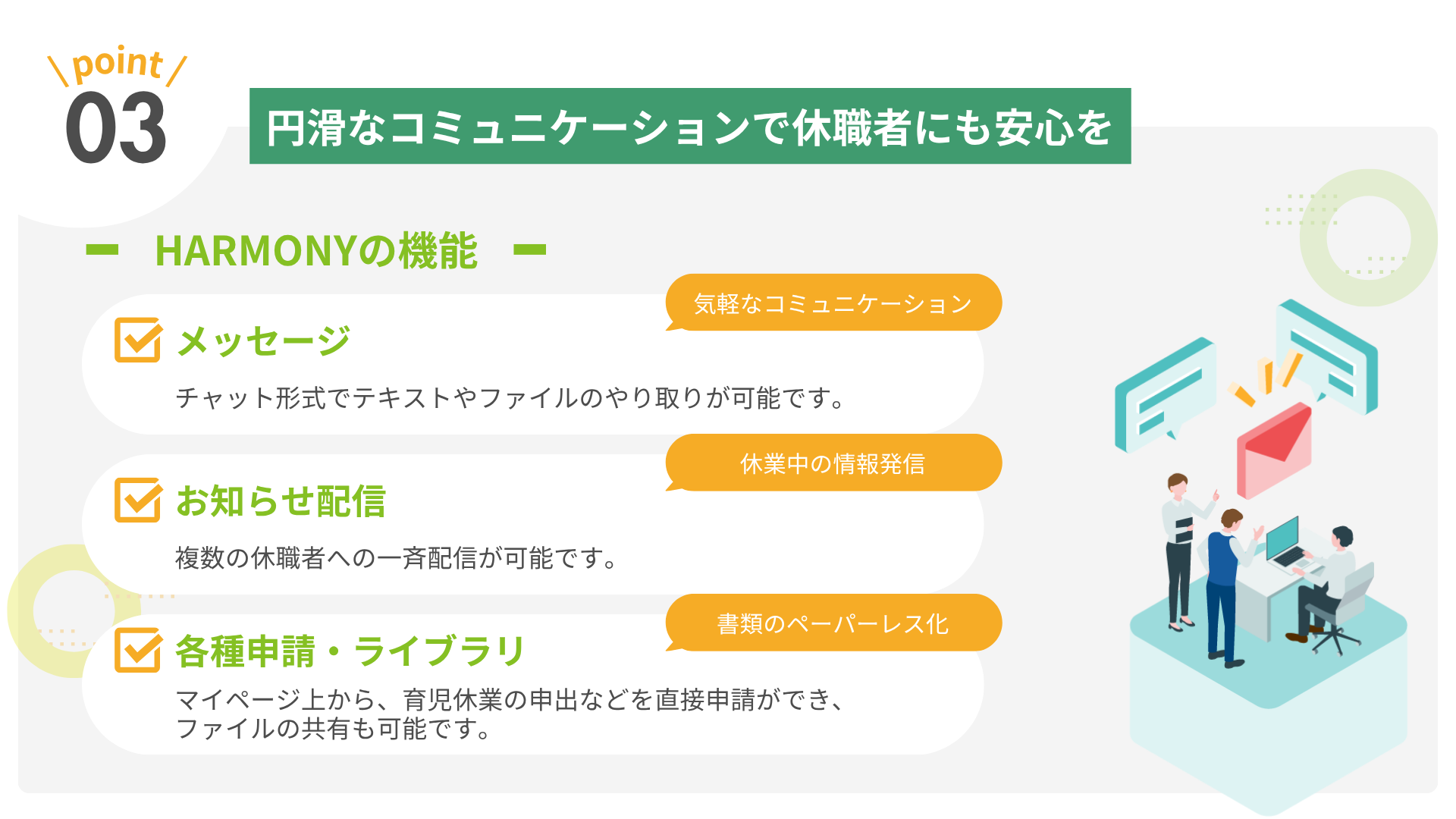 	• Point3 円滑なコミュニケーションで休職者にも安心を 		○ HARMONYの機能 			§ メッセージ チャット形式でテキストやファイルのやり取りが可能です。 気軽なコミュニケーション 			§ お知らせ配信 複数の休職者への一斉配信が可能です。 休業中の情報発信 			§ 各種申請・ライブラリ マイページ上から、育児休業の申出などを直接申請ができ、ファイルの共有も可能です。 書類のペーパーレス化