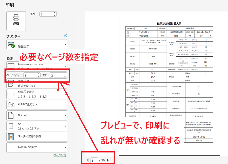 印刷プレビューで印刷に乱れが無いか確認し、必要なページ数を指定して印刷する