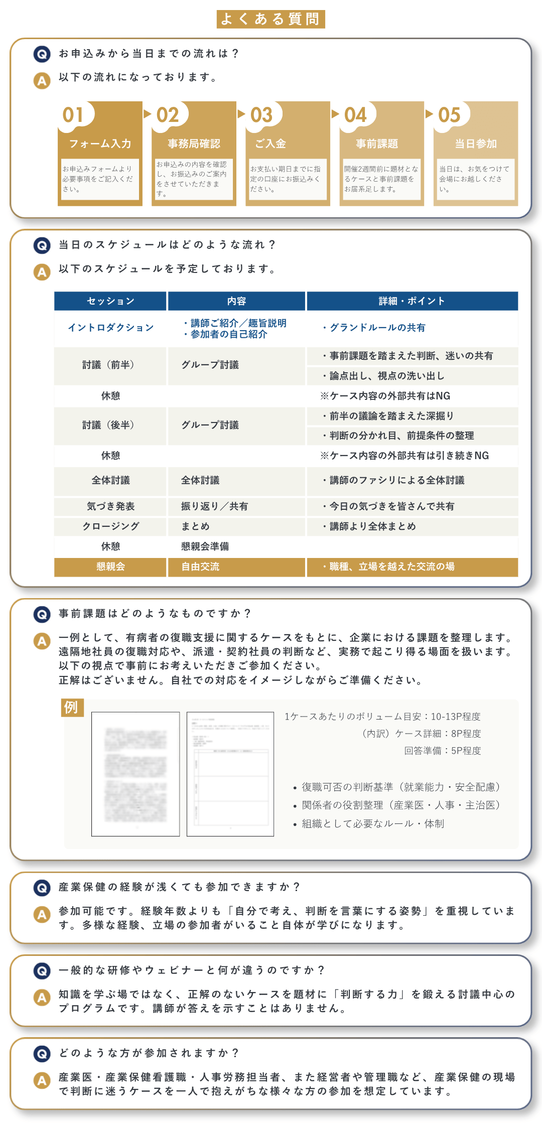 よくある質問 Q：お申込みから当日までの流れは？ A：以下の流れになっております。 　01 フォーム入力 　02 事務局確認 　03 ご入金 　04 事前課題 　05 当日参加  Q：当日のタイムスケジュールはどのような流れ？ A：以下のタイムスケジュールを予定しております。 　セッション	内容	詳細・ポイント イントロダクション	"　・講師ご紹介／趣旨説明 　・参加者の自己紹介  "	　・グランドルールの共有 討議（前半）	　グループ討議	　・事前課題を踏まえた判断、迷いの共有 		　・論点出し、視点の洗い出し 休憩		　※ケース内容の外部共有はNG 討議（後半）	　グループ討議	　・前半の議論を踏まえた深掘り 		　・判断の分かれ目、前提条件の整理 休憩		　※ケース内容の外部共有は引き続きNG 全体討議	　全体討議	　・講師のファシリによる全体討議 気づき発表	　振り返り／共有	　・今日の気づきを皆さんで共有 クロージング	　まとめ	　・講師より全体まとめ 休憩	　懇親会準備	 懇親会	　自由交流	　・職種、立場を越えた交流の場  Q：事前課題はどのようなものですか？ A：一例として、有病者の復職支援に関するケースをもとに、企業における課題を整理します。遠隔地社員の復職対応や、派遣・契約社員の判断など、実務で起こり得る場面を扱います。以下の視点で事前にお考えいただきご参加ください。 正解はございません。自社での対応をイメージしながらご準備ください。  Q：産業保健の経験が浅くても参加できますか？ A：参加可能です。経験年数よりも「自分で考え、判断を言葉にする姿勢」を重視しています。多様な経験、立場の参加者がいること自体が学びになります。  Q：一般的な研修やウェビナーと何が違うのですか？ A：知識を学ぶ場ではなく、正解のないケースを題材に「判断する力」を鍛える討議中心のプログラムです。講師が答えを示すことはありません。  Q：どのような方が参加されますか？ A：産業医・産業保健看護職・人事労務担当者、また経営者や管理職など、産業保健の現場で判断に迷うケースを一人で抱えがちな様々な方の参加を想定しています。