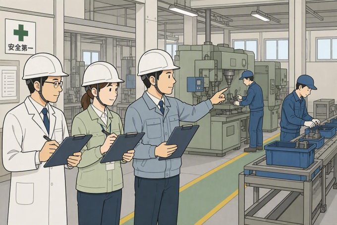 産業保健スタッフが工場で職場巡視を行っているイメージ画像
