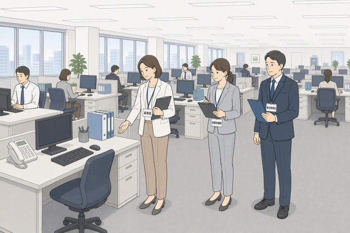 産業保健スタッフがオフィスで職場巡視を行っているイメージ画像
