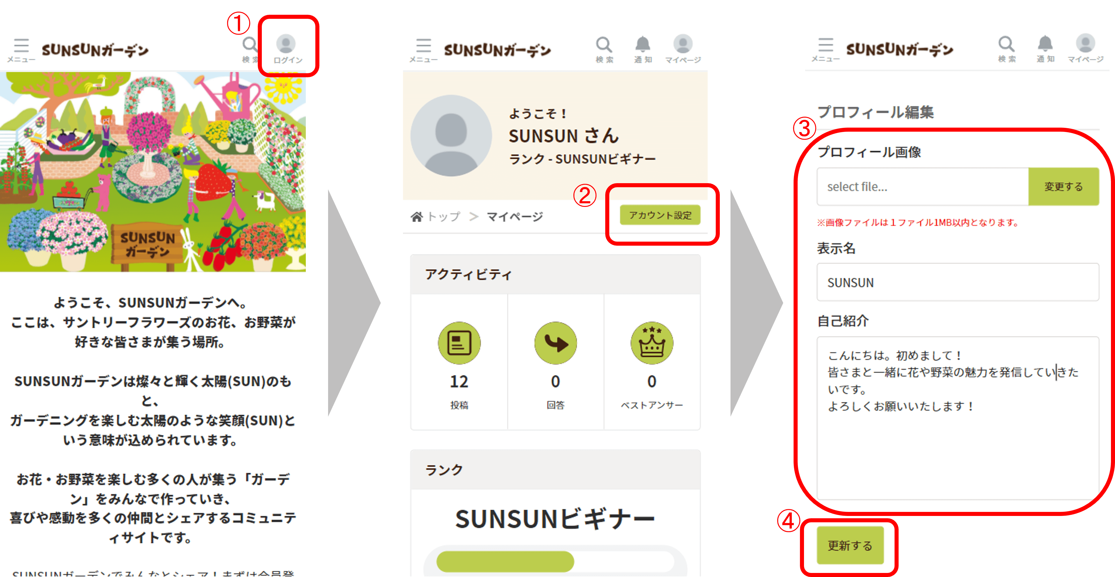 👉プロフィール設定方法 | SUNSUNガーデン